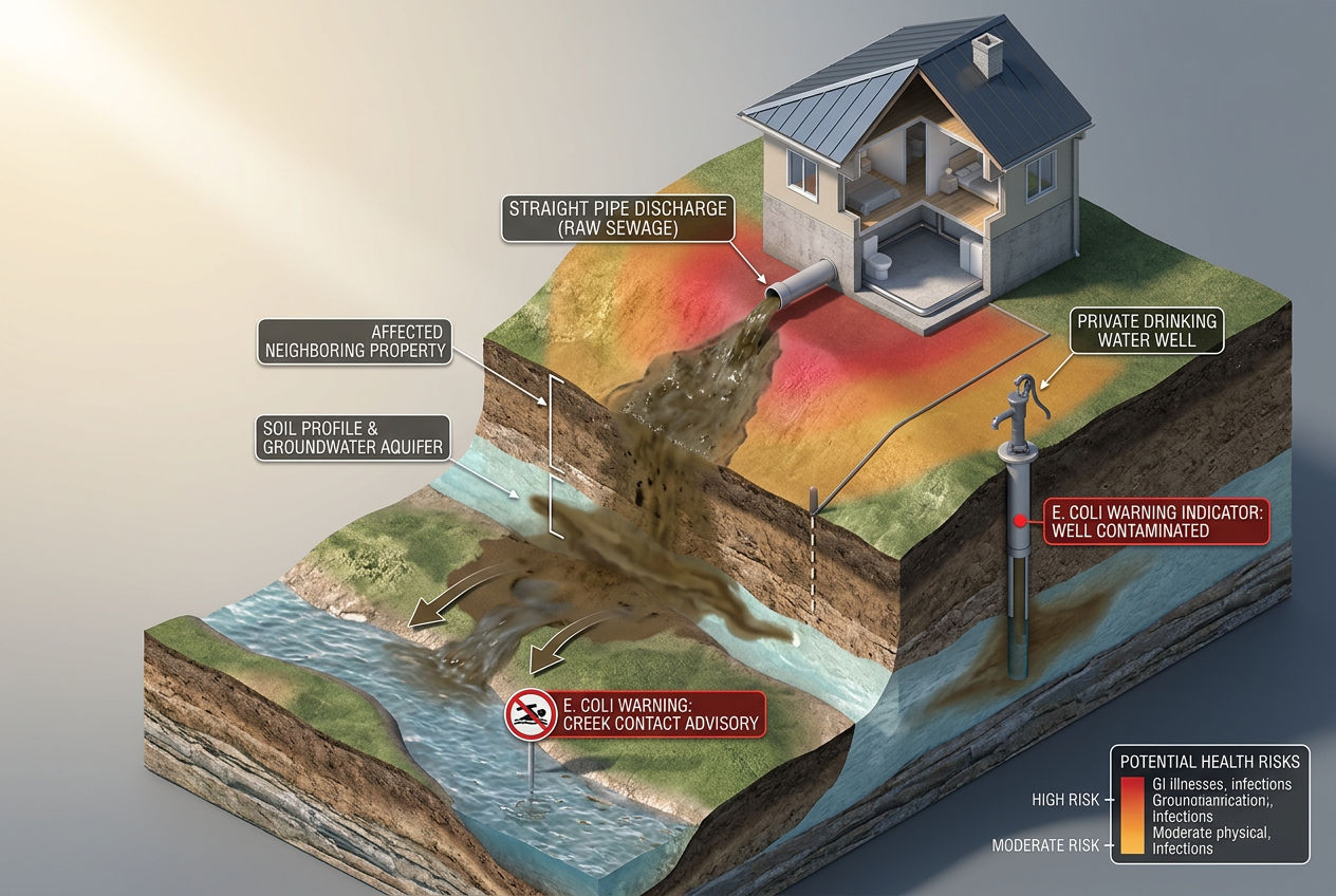 3D scene showing raw sewage from straight pipe contaminating groundwater, nearby well, and creek downhill