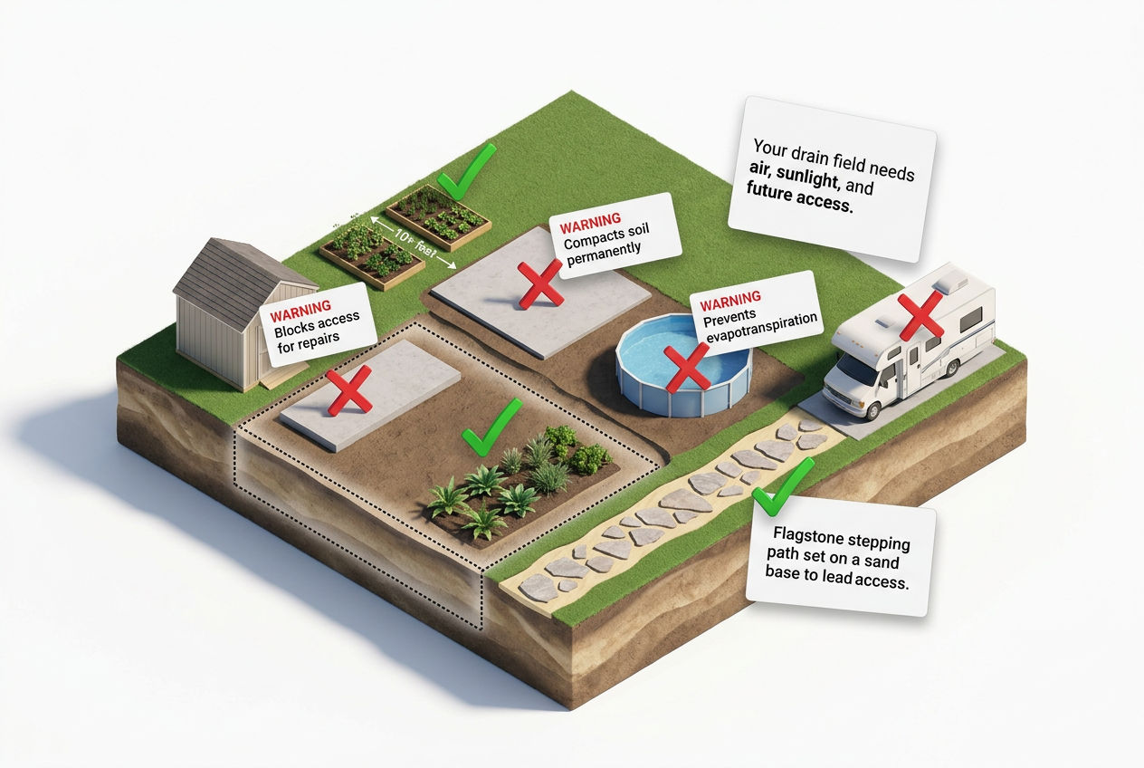 3D aerial view showing which structures are safe versus dangerous to place over a septic drain field