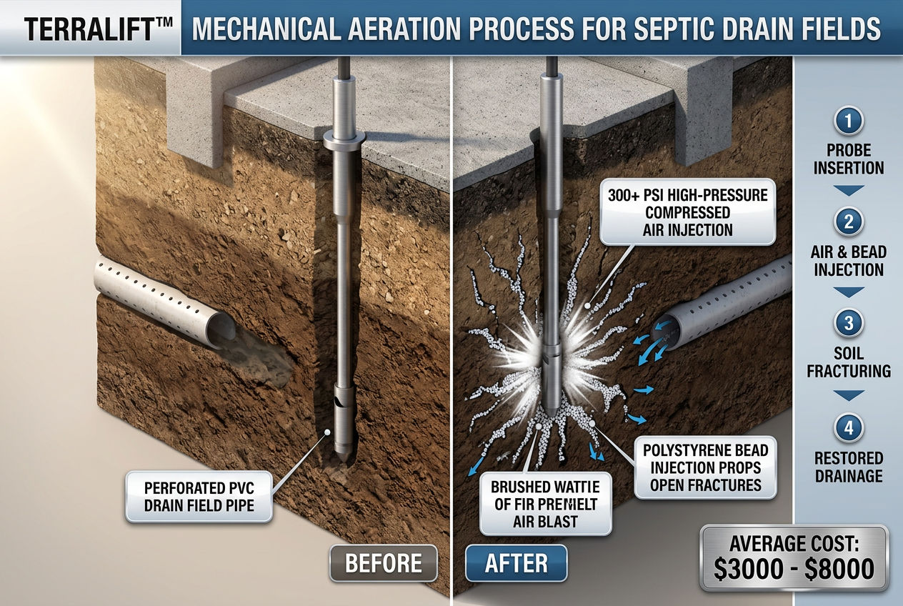 Terralift mechanical aeration process showing compressed air probe fracturing compacted drain field soil underground