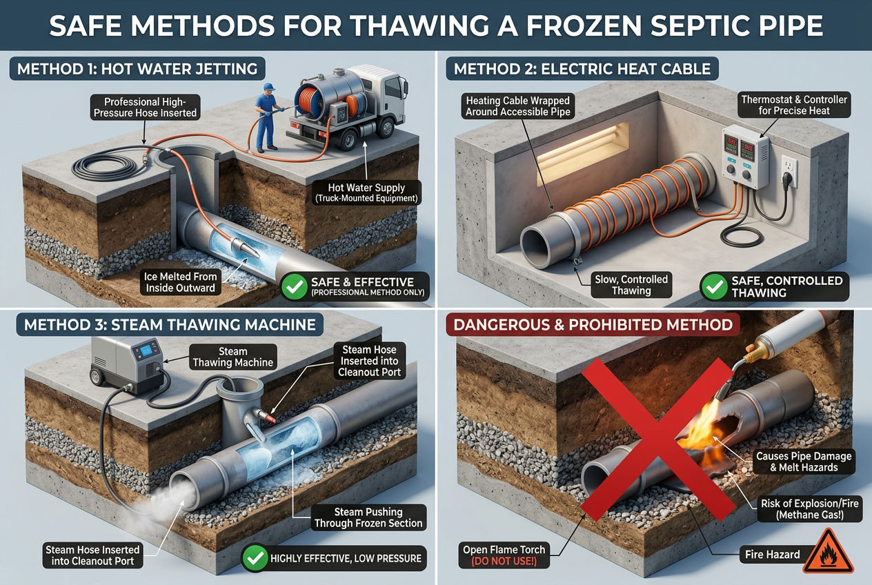 3D underground scene showing three safe thawing methods: hot water jetting, heat cable, and steam thawing with open flame prohibited