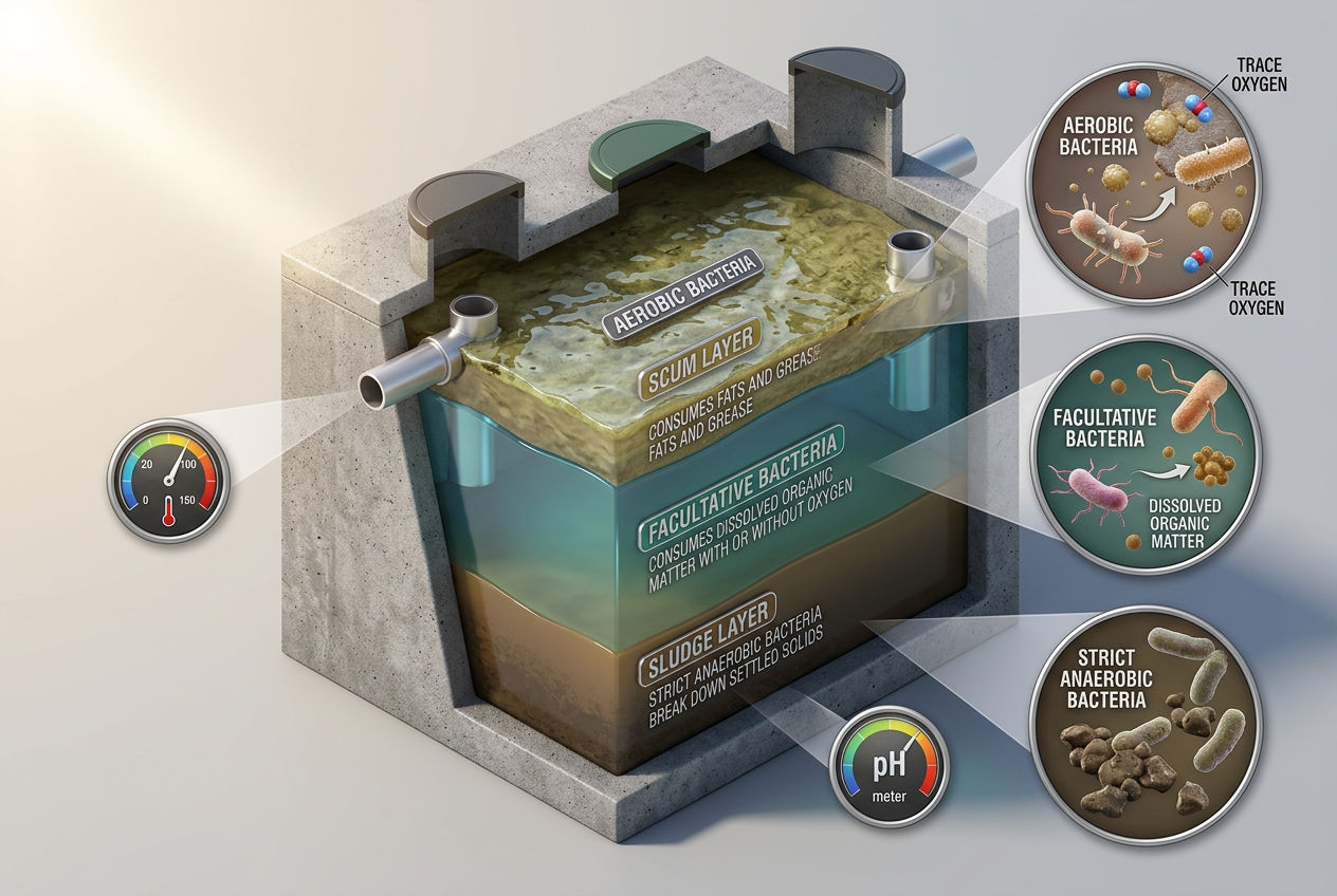 3D septic tank cutaway showing aerobic, facultative, and anaerobic bacteria working in three distinct zones