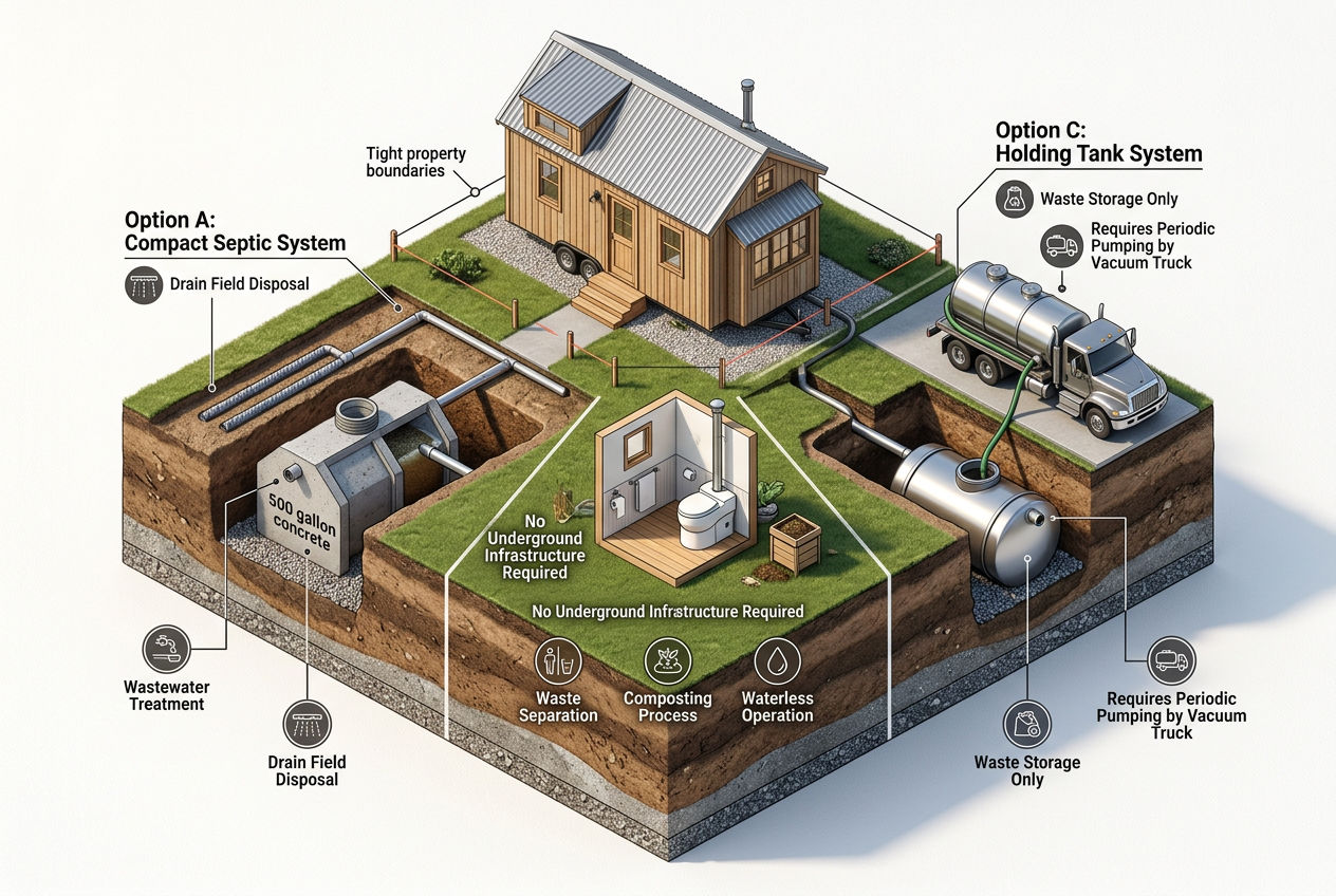 3D isometric scene showing three septic options for a tiny home: conventional tank, composting toilet, and holding tank