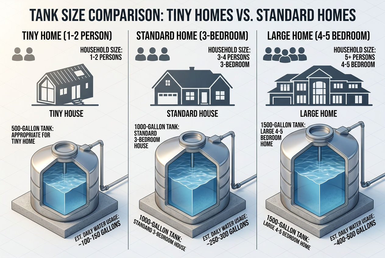 3D comparison of septic tank sizes: 500-gallon for tiny home, 1000-gallon for standard home, 1500-gallon for large home