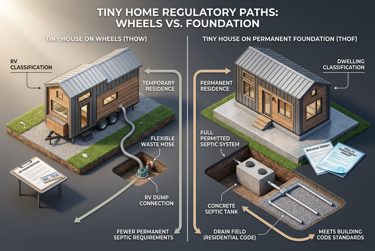 3D comparison of tiny house on wheels with RV-style waste versus tiny house on foundation requiring full permitted septic