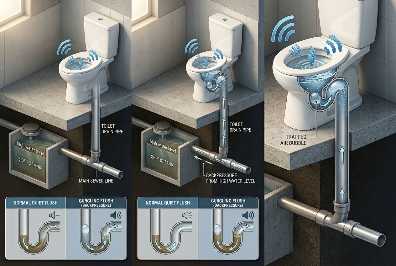 3D bathroom cutaway showing air bubbles forced back through toilet trap by septic backpressure causing gurgling