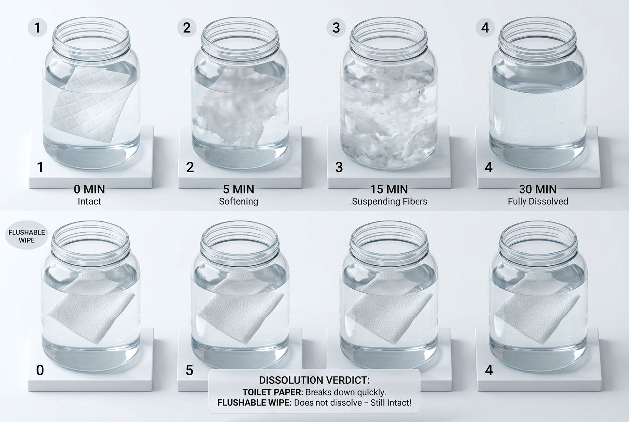 3D four-stage comparison showing toilet paper dissolving over 30 minutes versus flushable wipe remaining intact