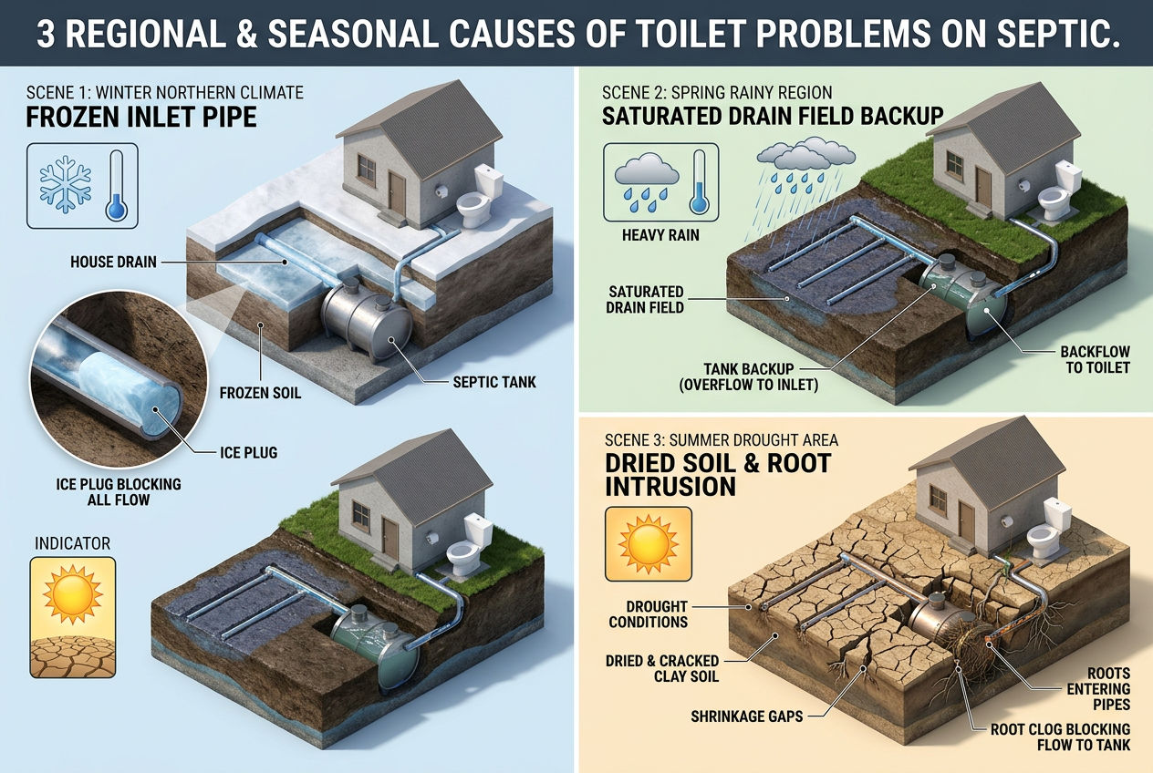 3D three seasonal causes of toilet problems: winter frozen pipe, spring saturated field, summer drought soil cracking