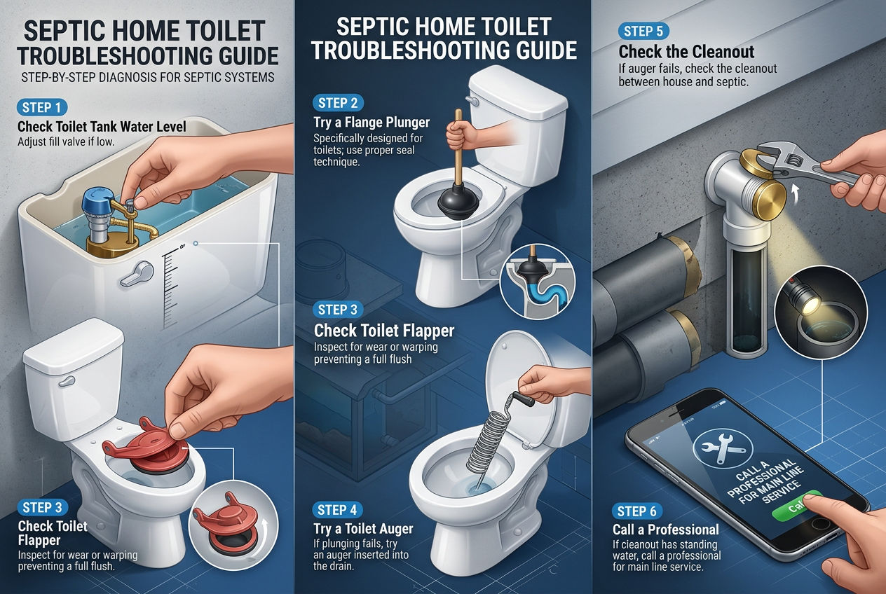 3D six-step toilet troubleshooting guide: check water level, plunge, check flapper, auger, check cleanout, call professional