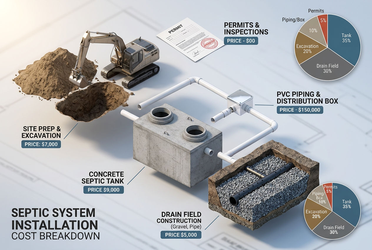 Exploded view of septic system installation costs showing tank drain field excavation piping and permits with price labels