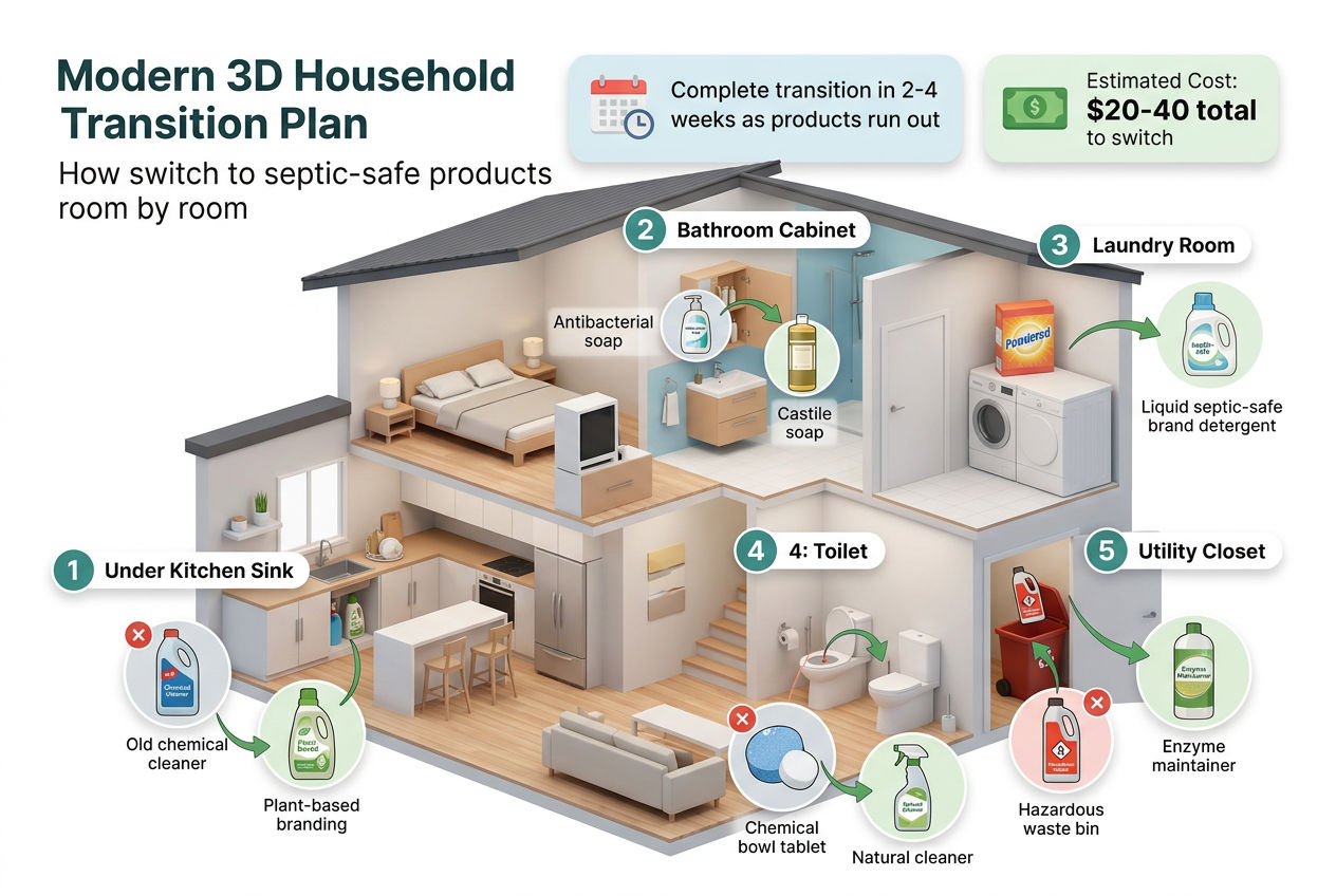3D house cutaway showing room-by-room transition plan from unsafe to septic-safe cleaning products