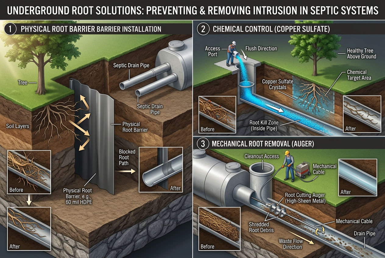 3D underground scene showing three root control methods: physical barrier, copper sulfate treatment, and mechanical auger cutting