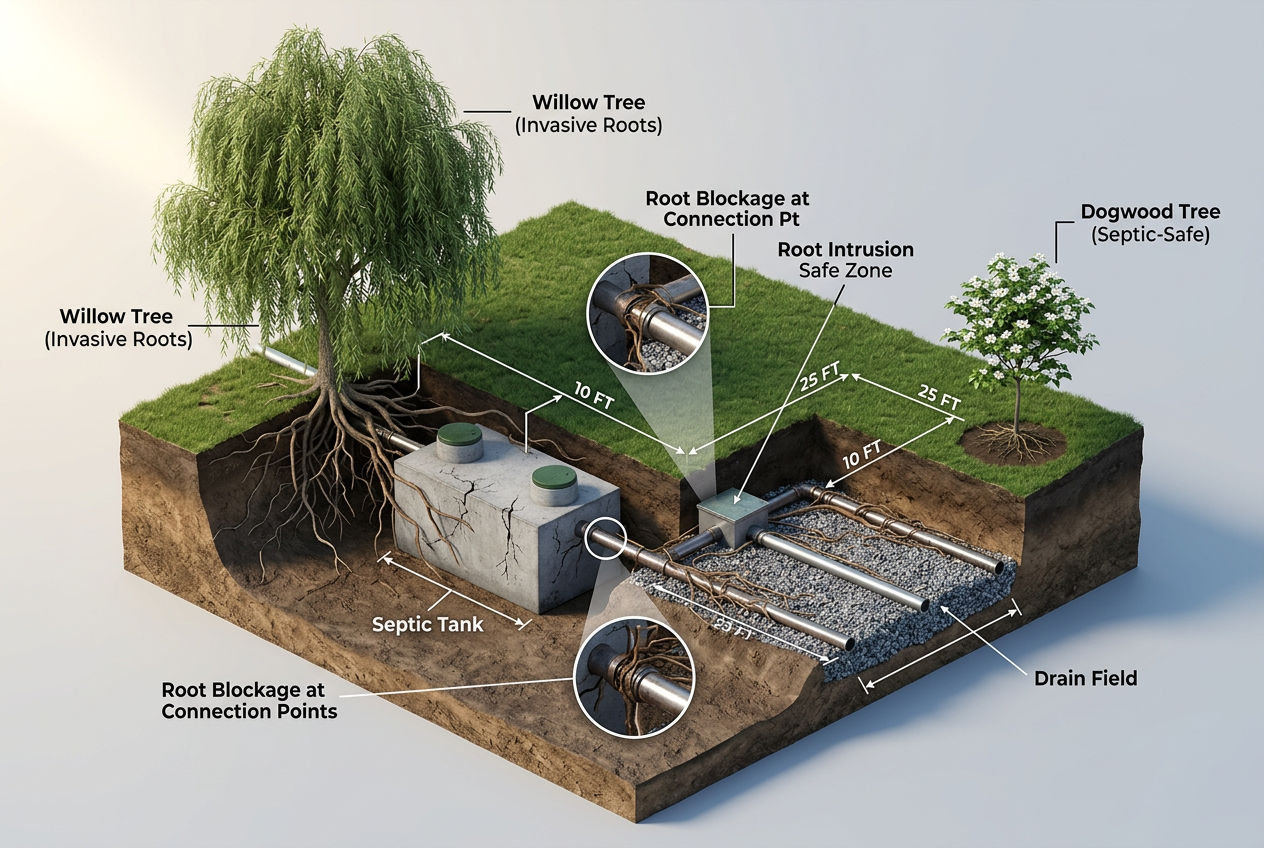 3D cutaway showing willow tree roots penetrating septic pipes and drain field compared to a safe tree at proper distance