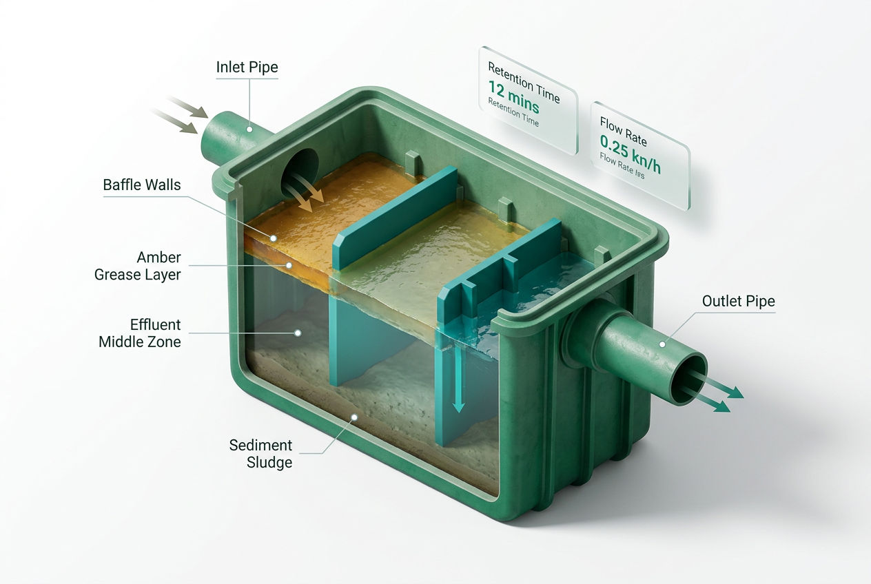 3D isometric cutaway of under sink grease trap showing wastewater inlet, grease layer, clear water outlet, and sediment zones.