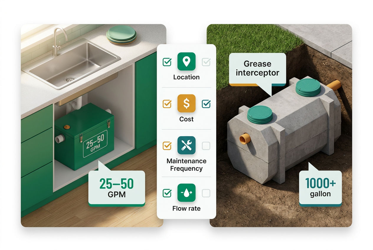 Side-by-side 3D isometric comparison of compact under-sink grease trap versus large outdoor grease interceptor with size and capacity labels.