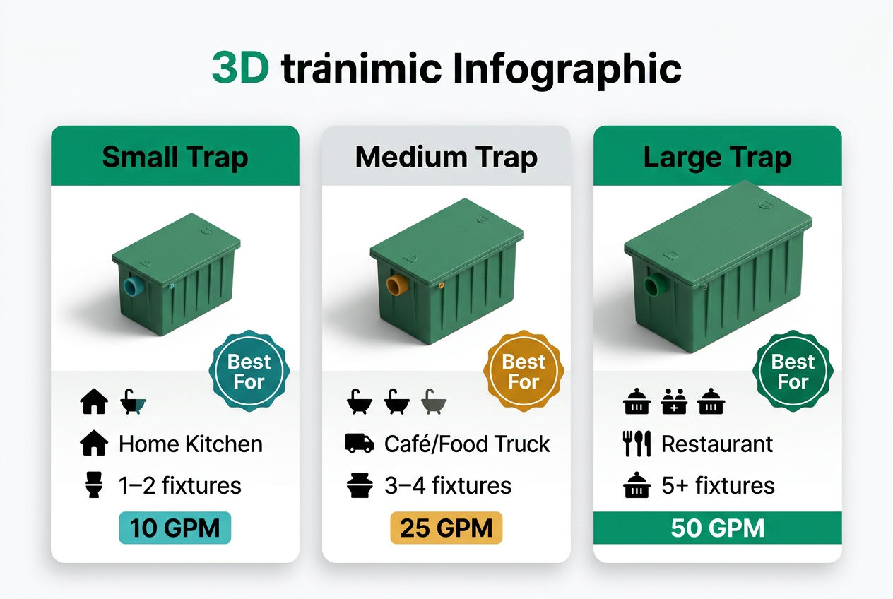 Isometric sizing guide showing three grease trap sizes mapped to kitchen type, fixture count, and flow rate with color-coded recommendation cards.