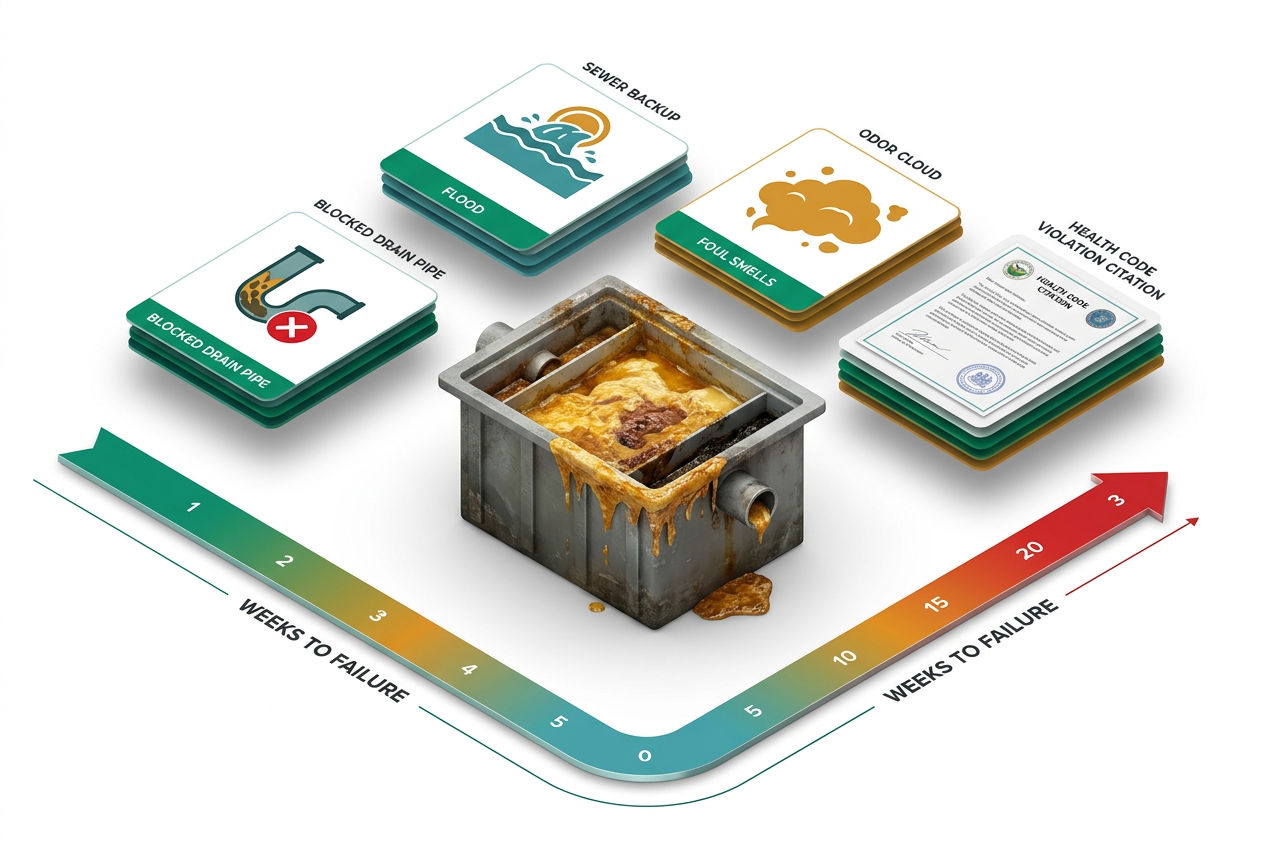 Isometric warning infographic showing clogged pipes, sewer backup, foul odor cloud, and health violation notice from an unmaintained grease trap.