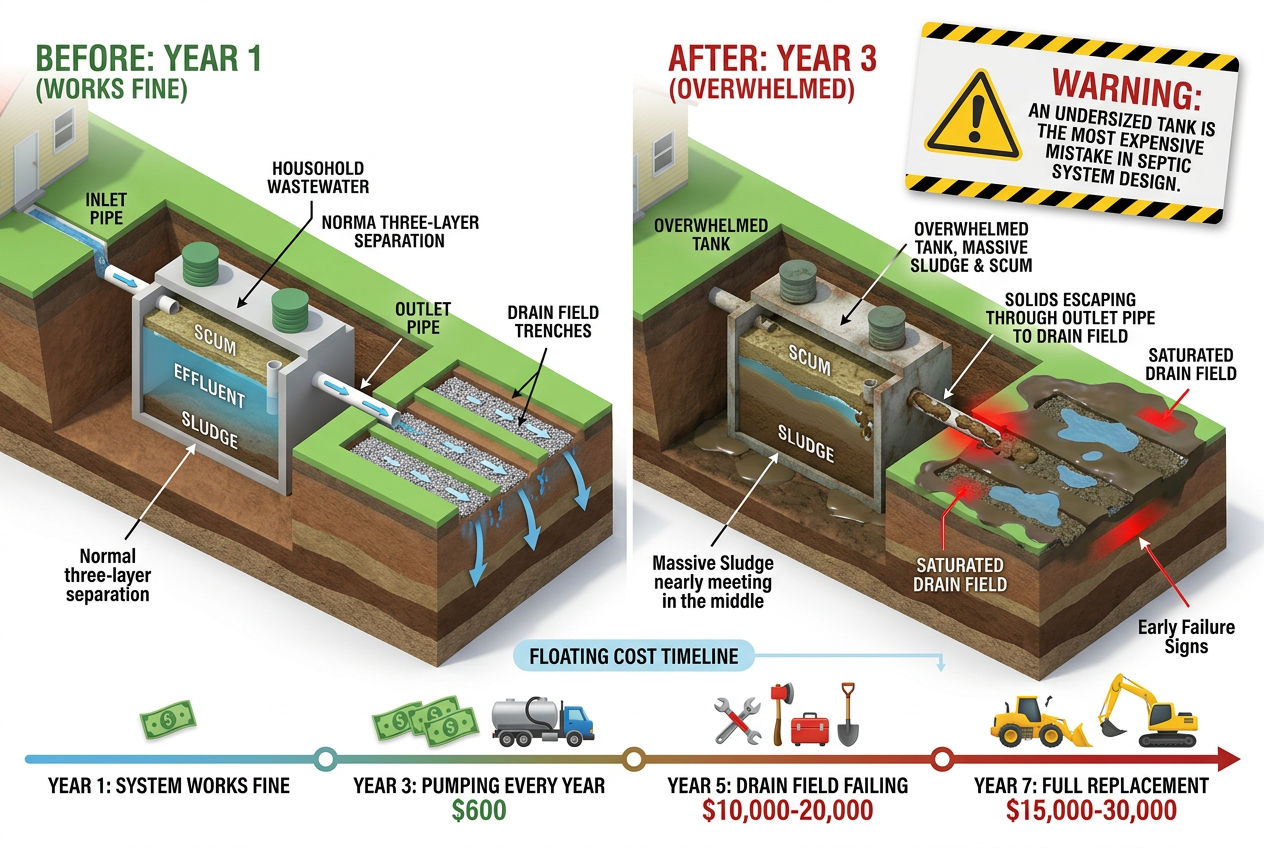 3D before and after showing undersized septic tank overwhelming and causing drain field failure within years