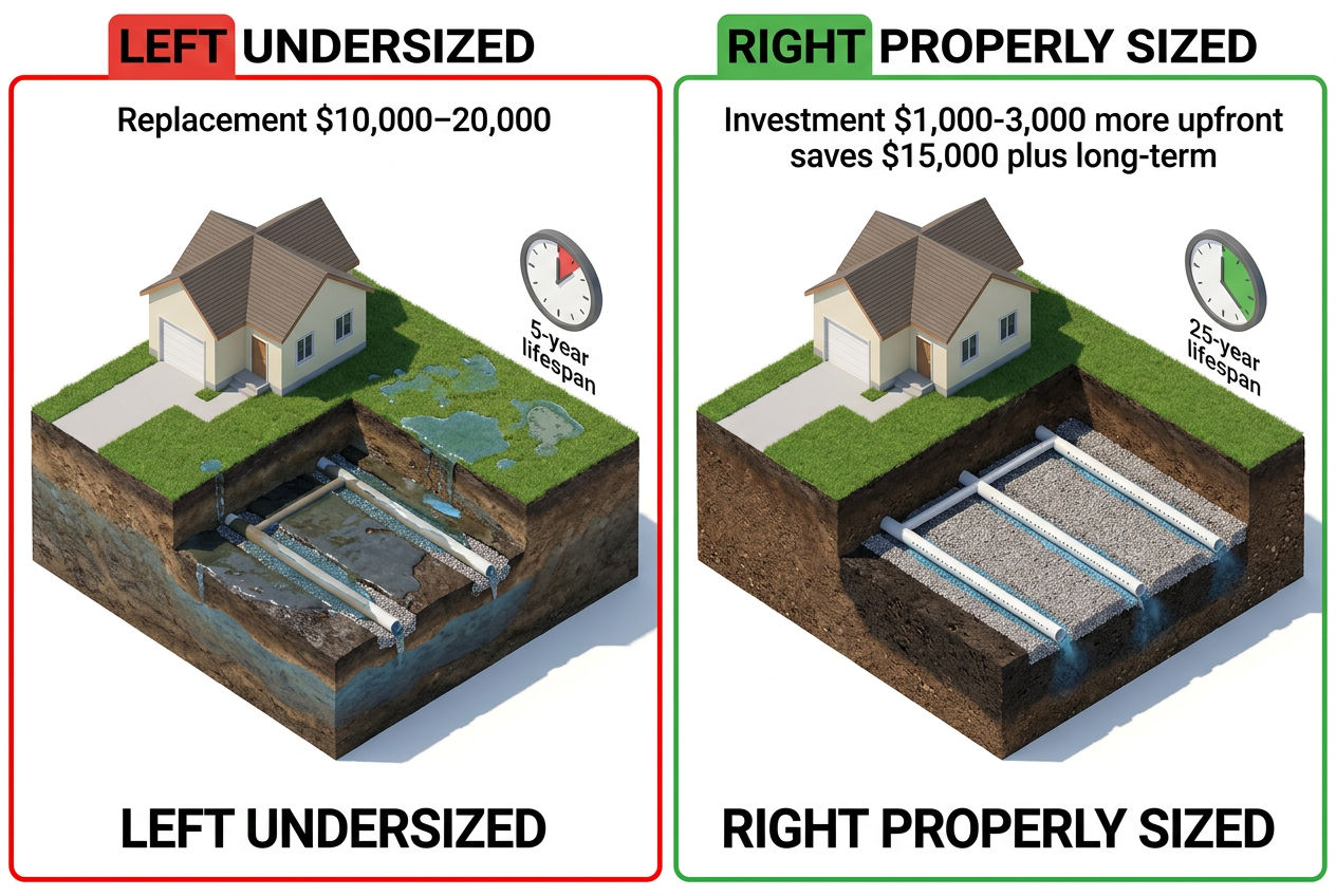 3D comparison of undersized drain field failing early versus properly sized field lasting 25 plus years