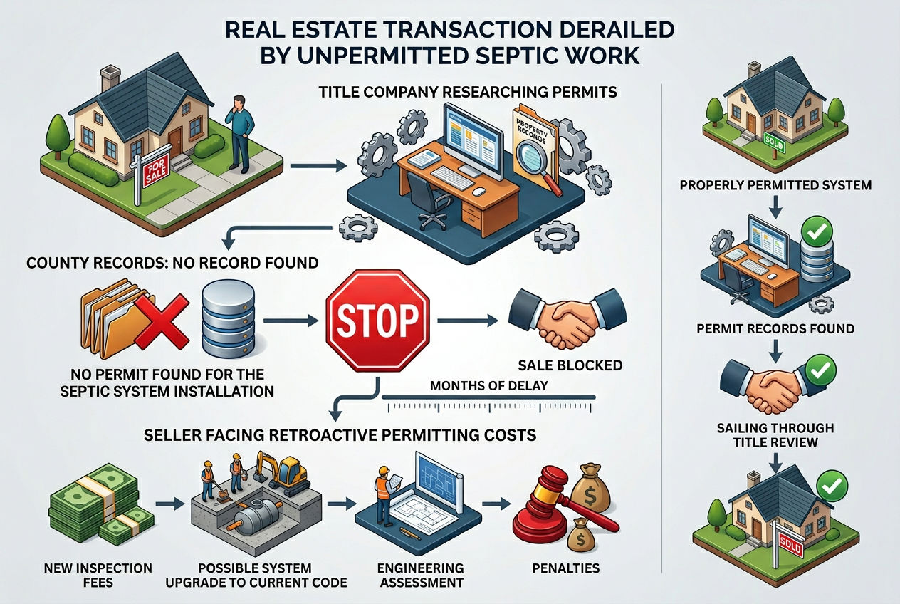 3D scene showing home sale blocked by unpermitted septic work with retroactive costs and delays versus clean permitted sale