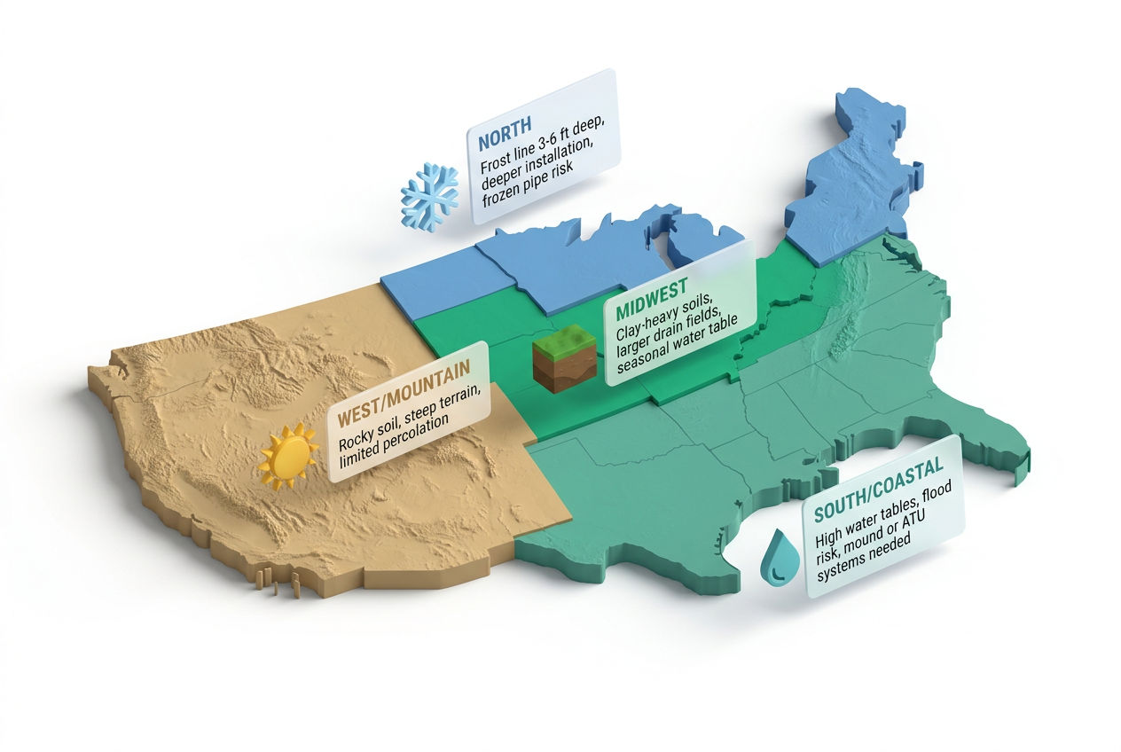3D isometric US map showing regional septic system challenges including frost depth, water tables, soil types, and terrain by zone