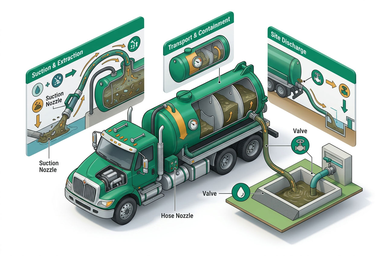 3D isometric infographic showing a vacuum truck's core functions: suctioning sewage, hauling liquid waste, and site cleanup with labeled arrows.