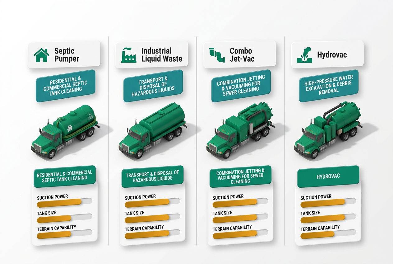 Isometric comparison grid of four vacuum truck types: septic, industrial, combo jet-vac, and hydrovac, each with specs and use-case icons.