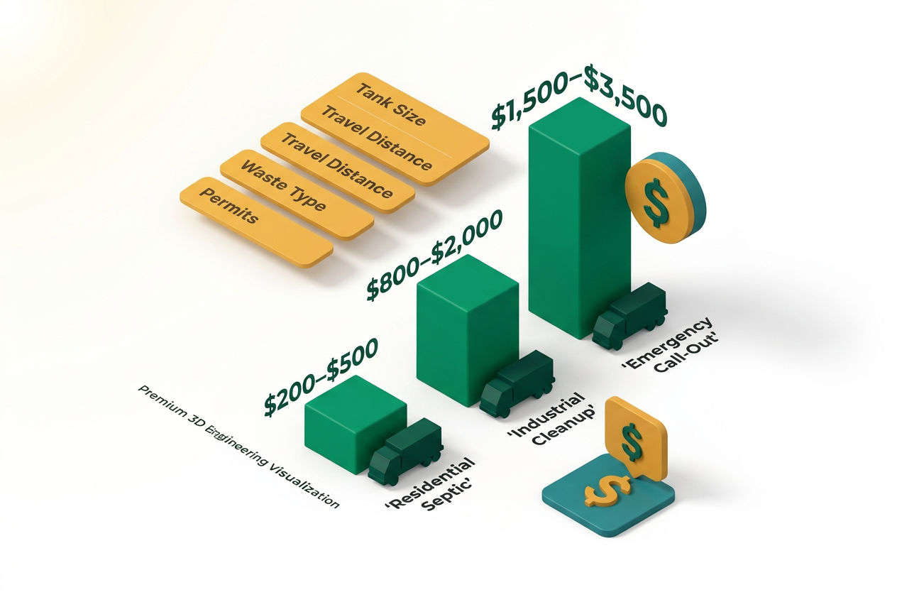 3D isometric cost breakdown chart showing vacuum truck hiring prices by service type, tank size, and regional tier with floating price cards.