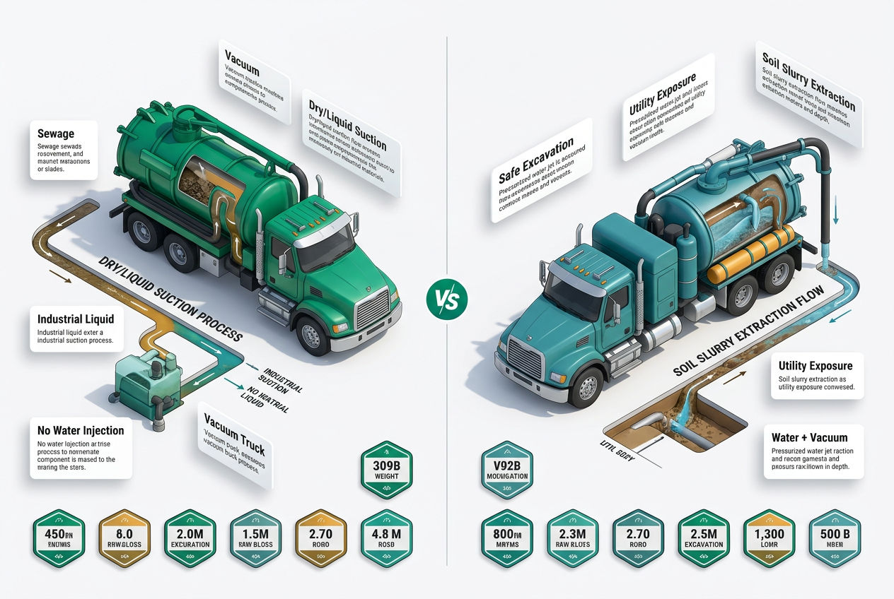 Split-screen isometric infographic comparing vacuum truck and hydrovac truck mechanisms, use cases, and key specs side by side.