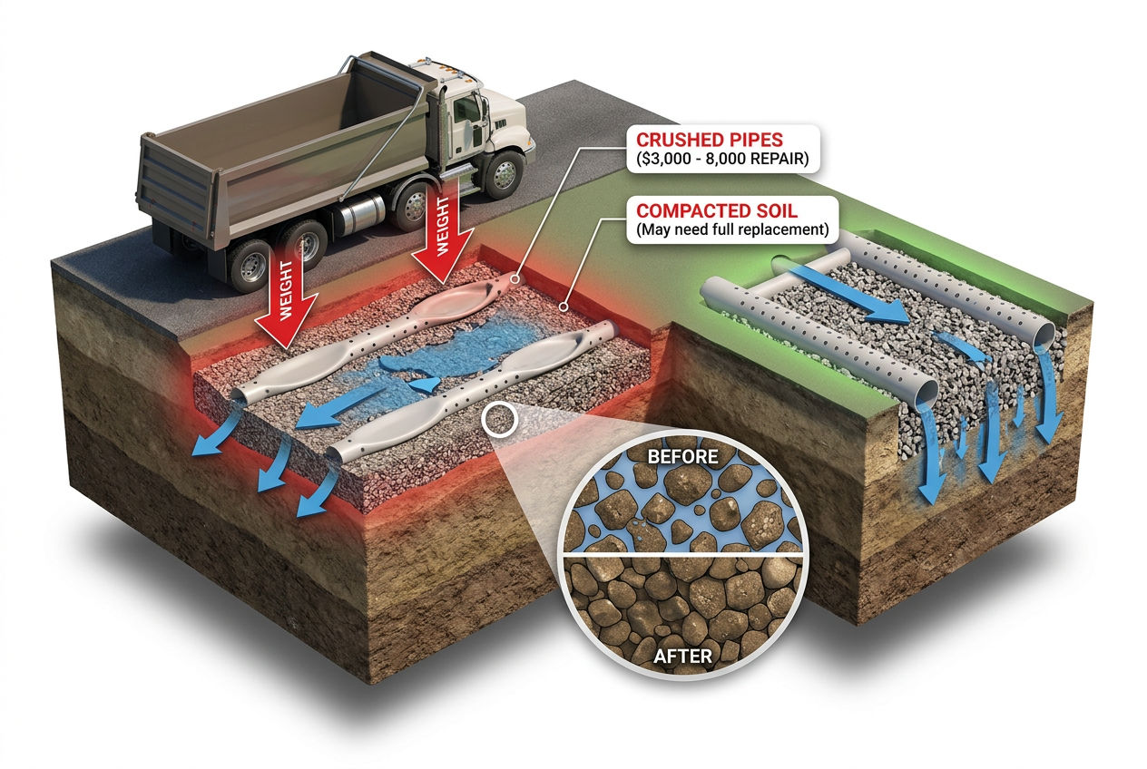3D cross-section showing underground damage from driving over a drain field including crushed pipes and compacted soil