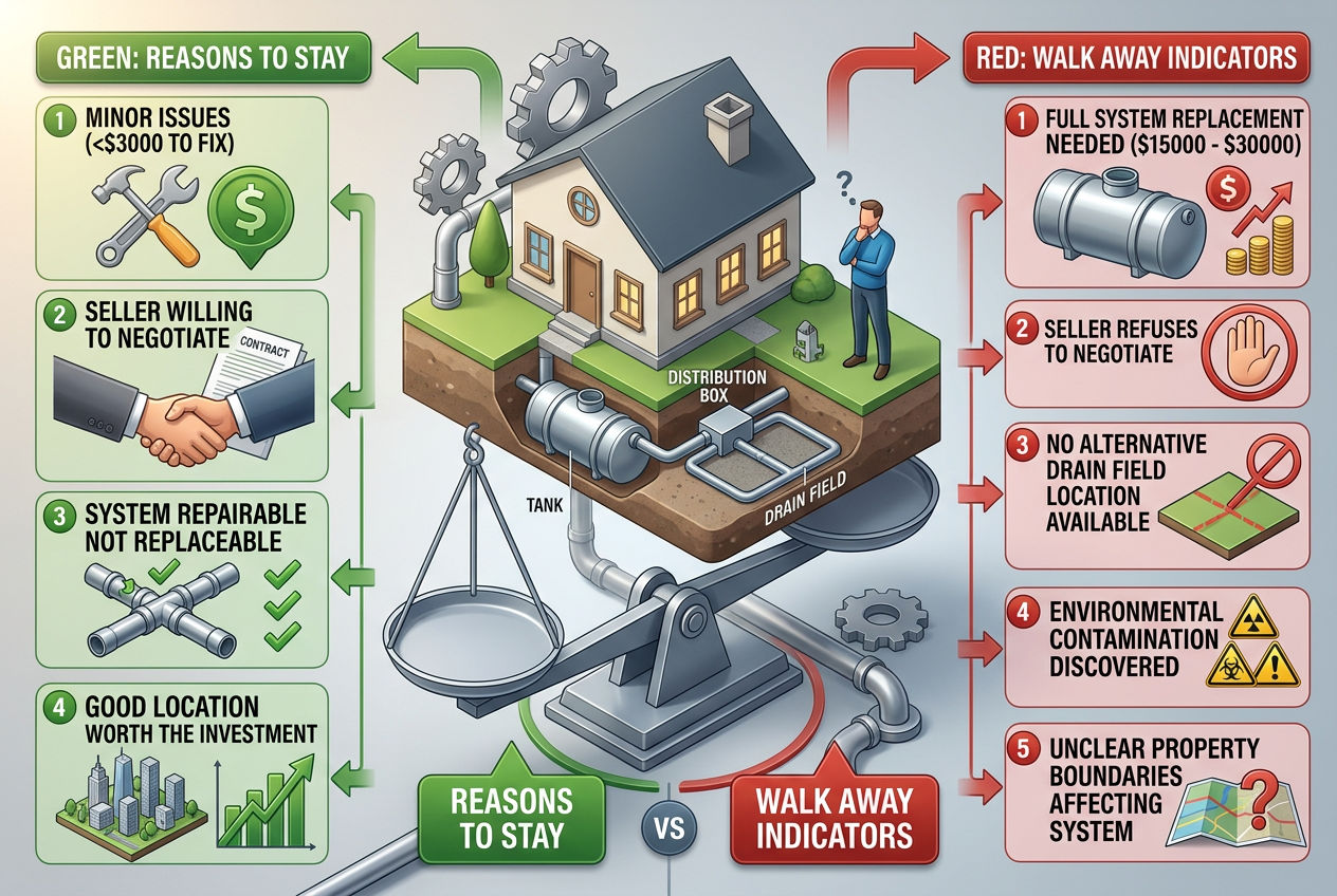 3D decision matrix showing green stay factors versus red walk-away factors for home with failed septic inspection