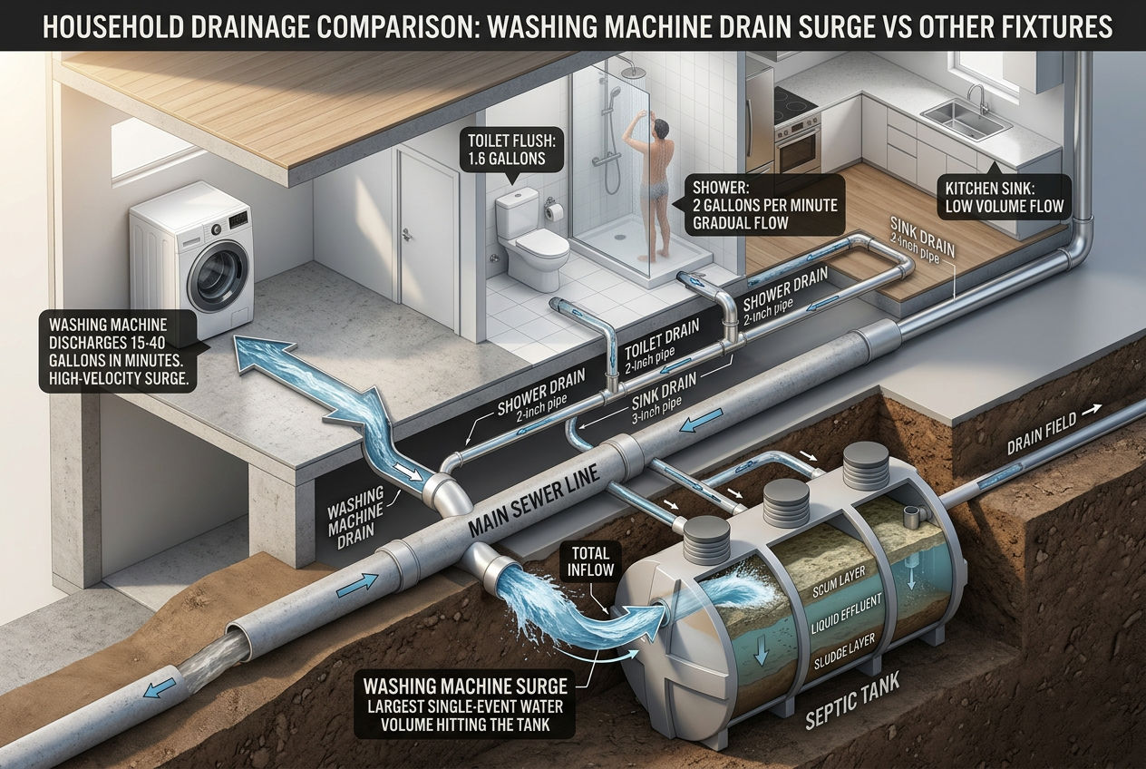 3D house cutaway comparing washing machine high-volume drain surge to toilet, shower, and sink flows into septic