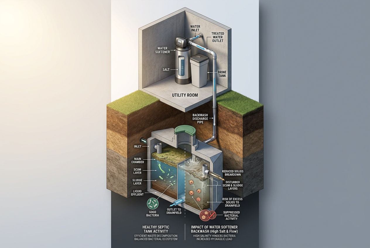 3D cutaway showing water softener brine discharge flowing into a septic tank with impact visualization