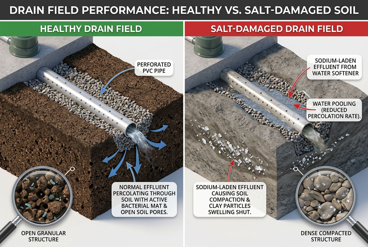 3D drain field cross-section comparing healthy soil percolation versus salt-damaged compacted soil from water softener discharge