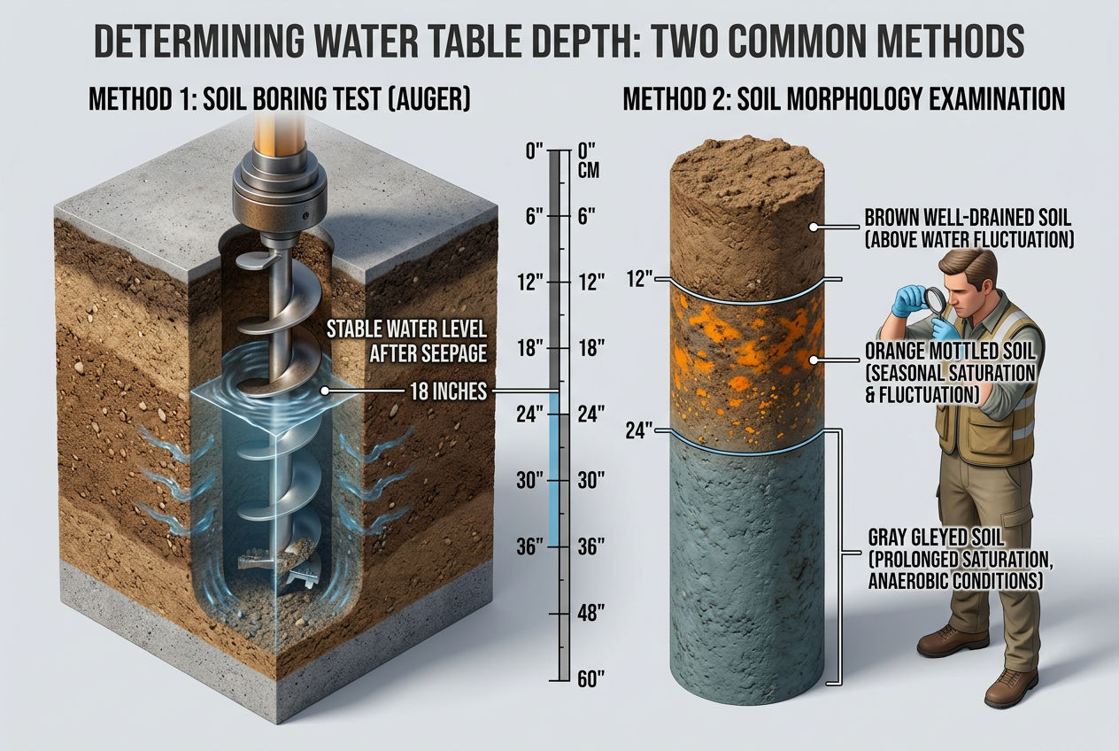 3D scene showing two water table testing methods: boring test with water seepage and soil morphology with color-coded layers