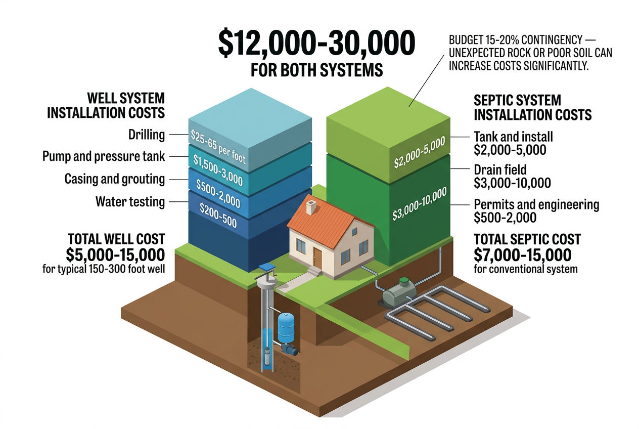 3D combined cost breakdown for well and septic system installation totaling $12,000-30,000