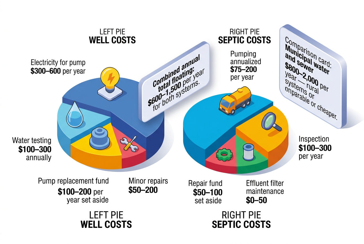 3D dual pie chart showing annual operating costs for well and septic systems combined at $600-1,500