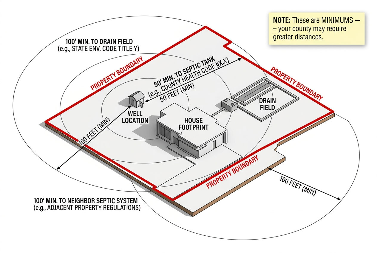 3D property layout showing required minimum separation distances between well and septic system components