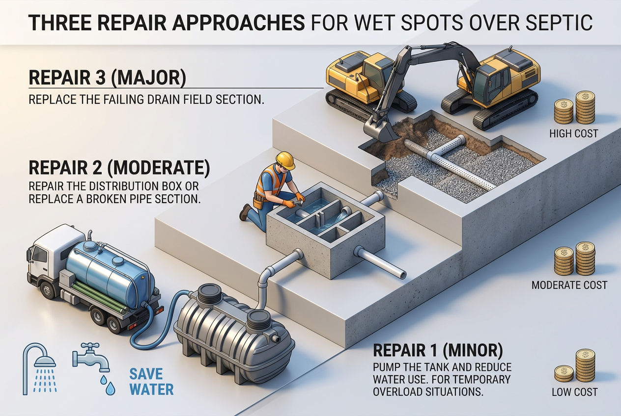3D three repair levels for septic wet spots: pump and conserve, fix distribution box, or replace drain field section