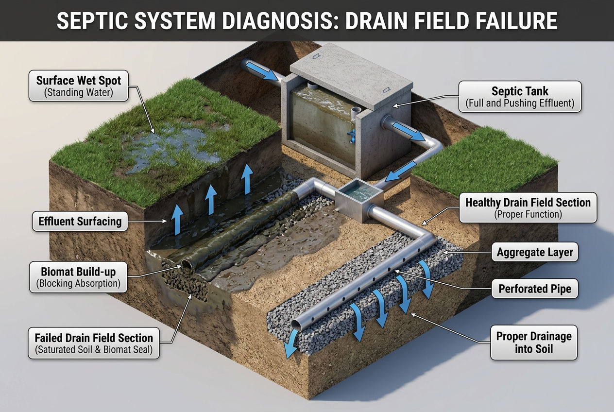 3D cutaway showing wet spot on lawn surface caused by failing drain field section with effluent surfacing