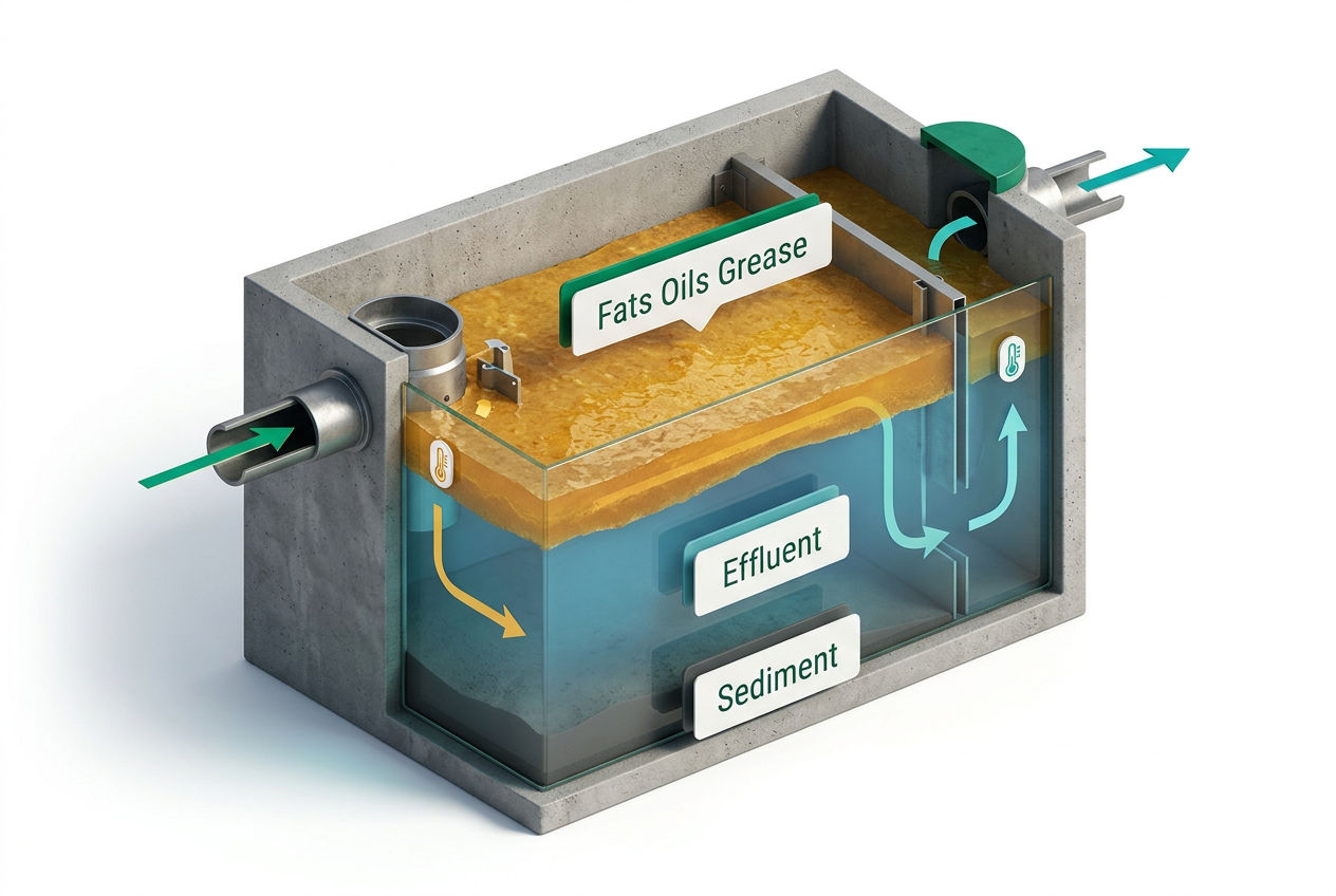 3D isometric cutaway of a grease trap showing wastewater inlet, FOG layer floating on top, clean water outlet, and solids settling at bottom.