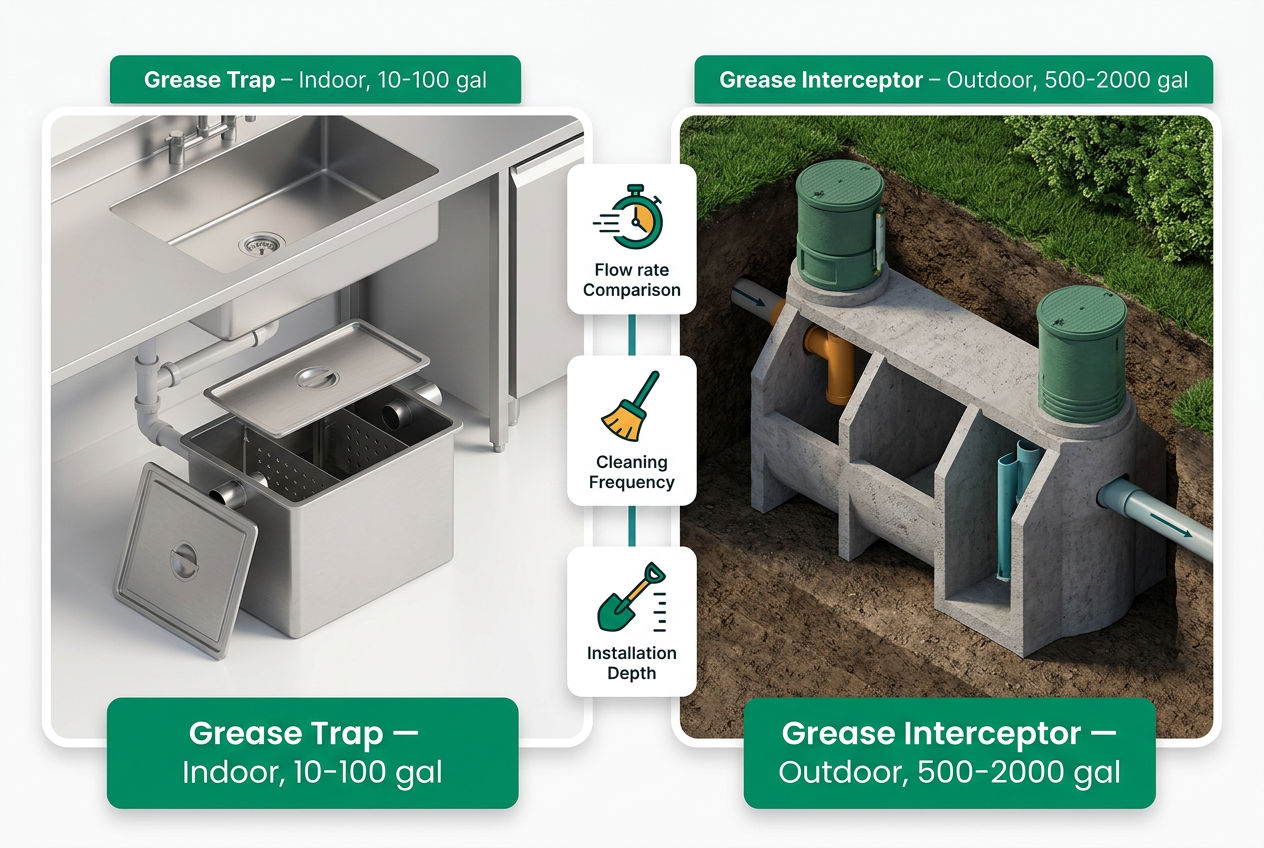 Side-by-side 3D isometric comparison of a small indoor grease trap versus a large underground grease interceptor with size and capacity labels.
