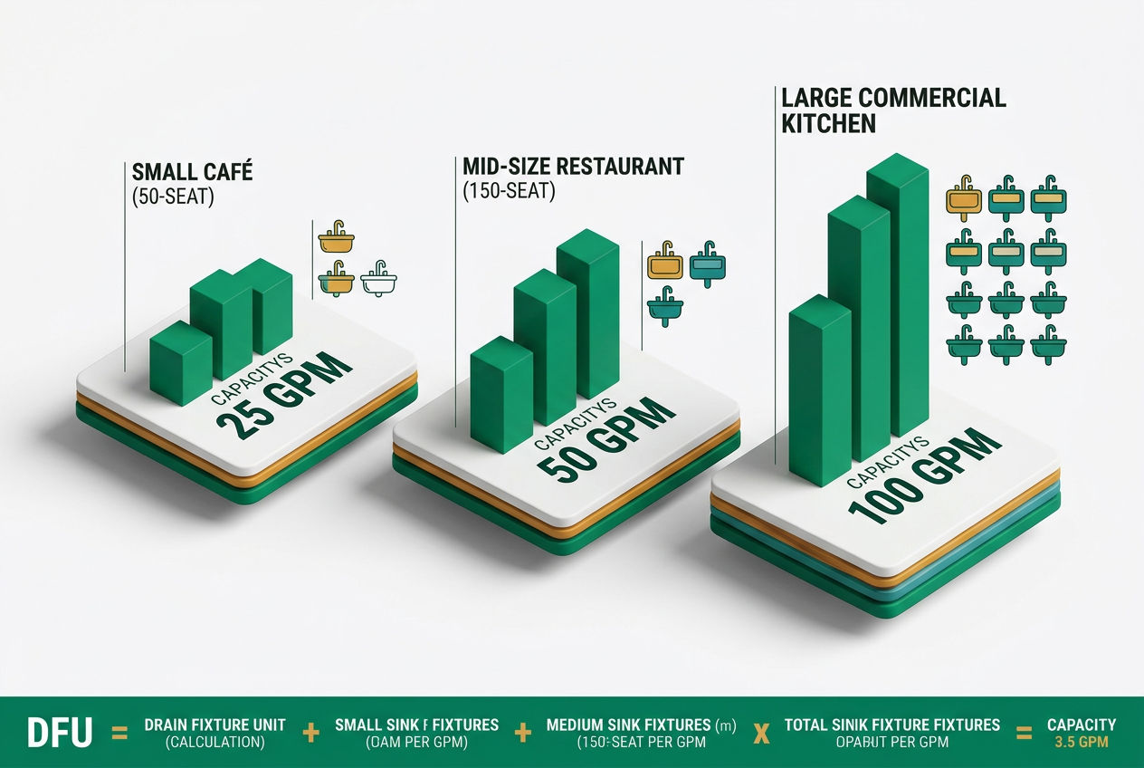 Isometric sizing guide showing three restaurant types with corresponding grease trap capacity bars and fixture count icons for small, medium, and larg