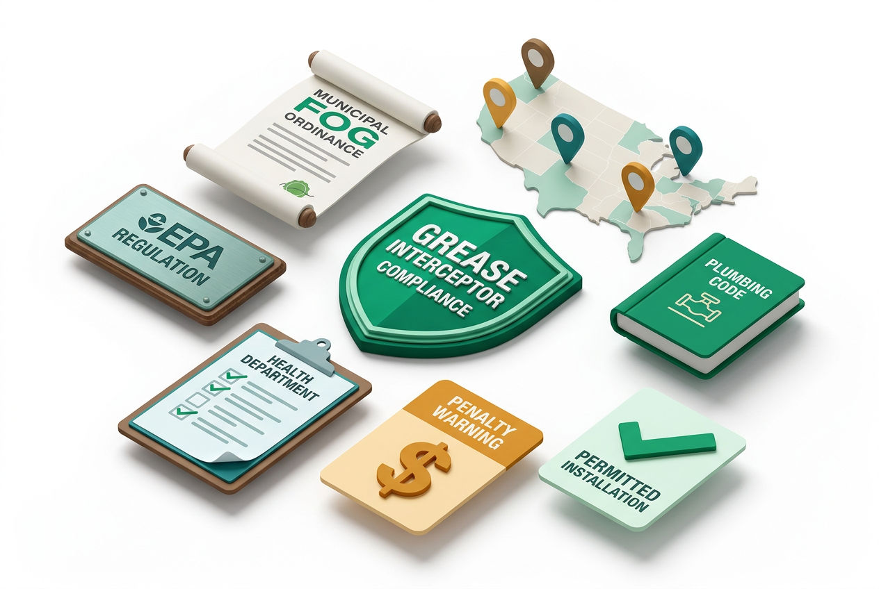 Isometric infographic showing regulatory compliance checklist with municipal code badge, health department icon, and FOG ordinance document for grease