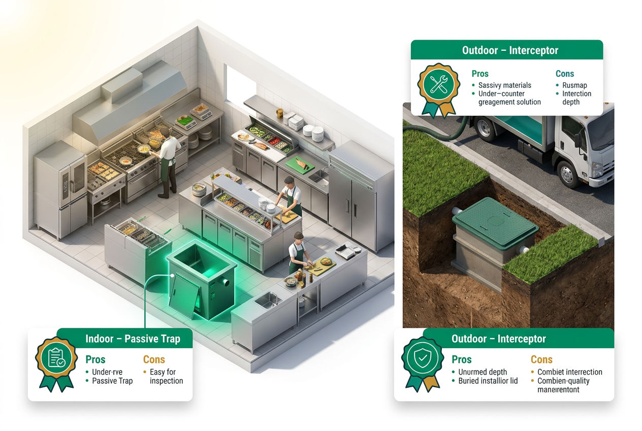 Split isometric scene comparing indoor under-sink grease trap installation in a commercial kitchen versus outdoor in-ground interceptor installation.