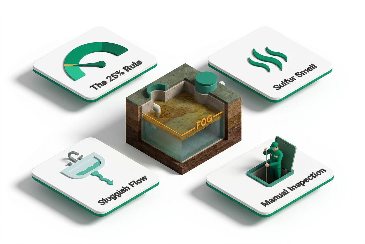 Isometric dashboard showing four grease trap fullness warning indicators: 25% rule gauge, odor sensor, slow drain icon, and inspection dip-stick measu