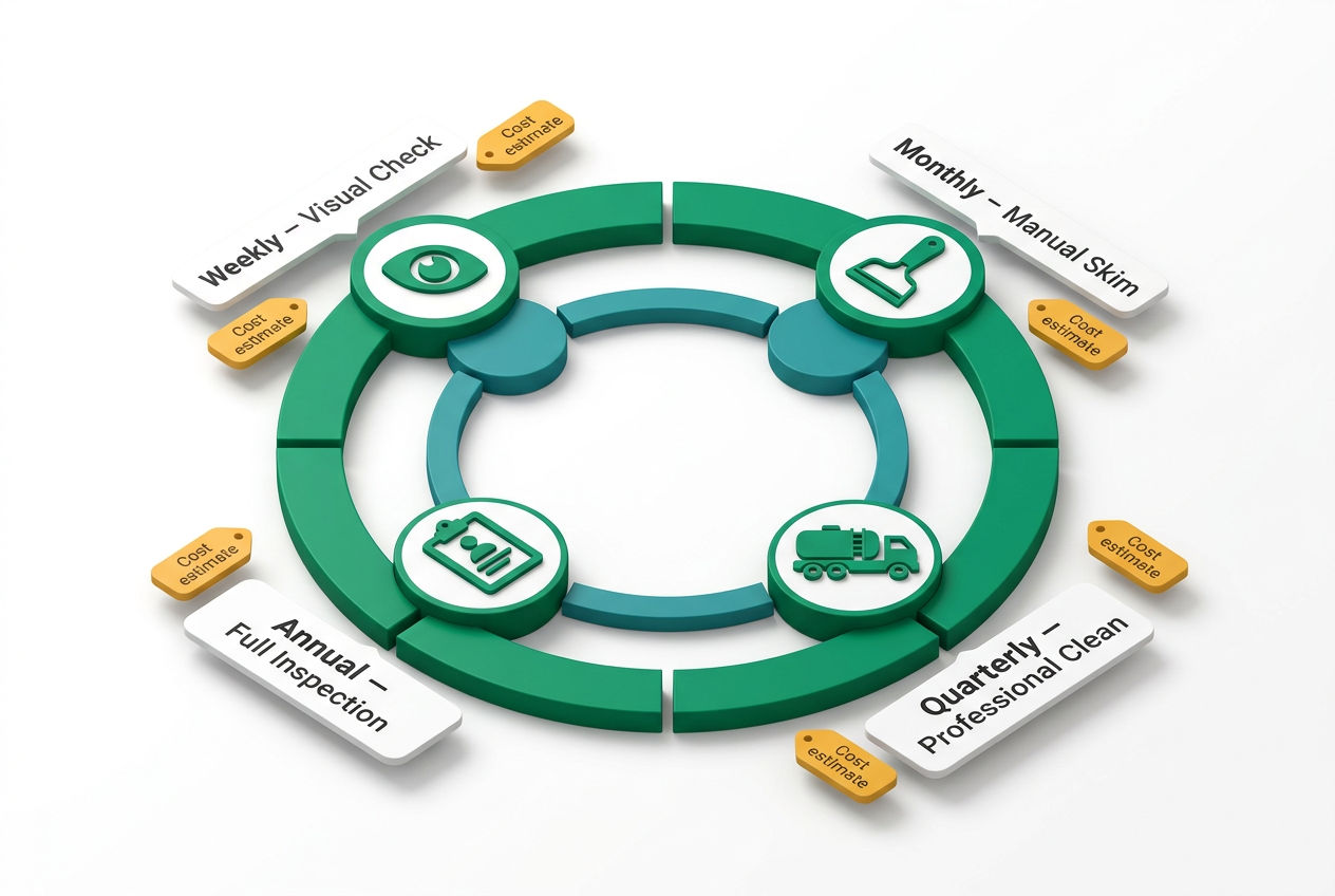 Isometric circular maintenance calendar showing weekly, monthly, quarterly, and annual grease trap service tasks with icons and emerald timeline nodes
