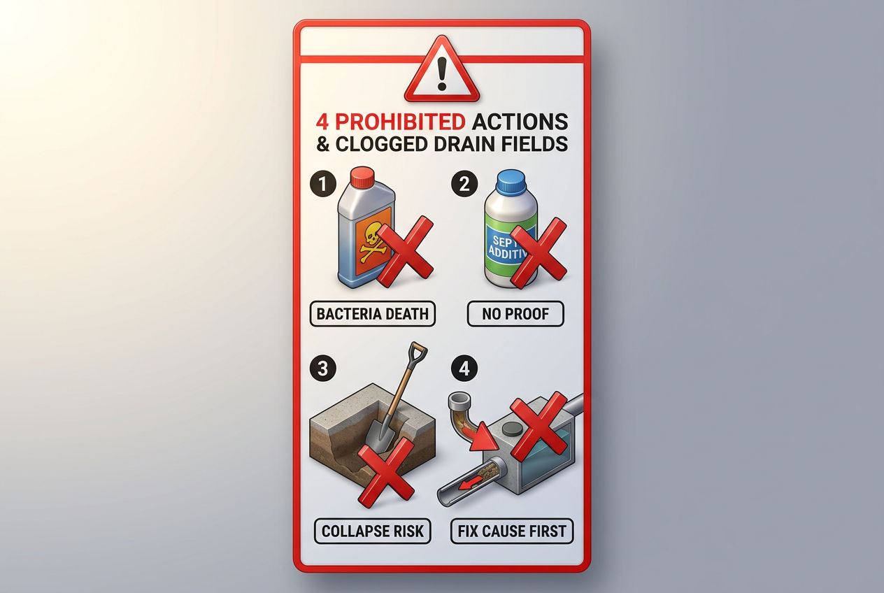 Four prohibited actions when dealing with a clogged drain field including chemical cleaners septic additives DIY excavation and ignoring tank