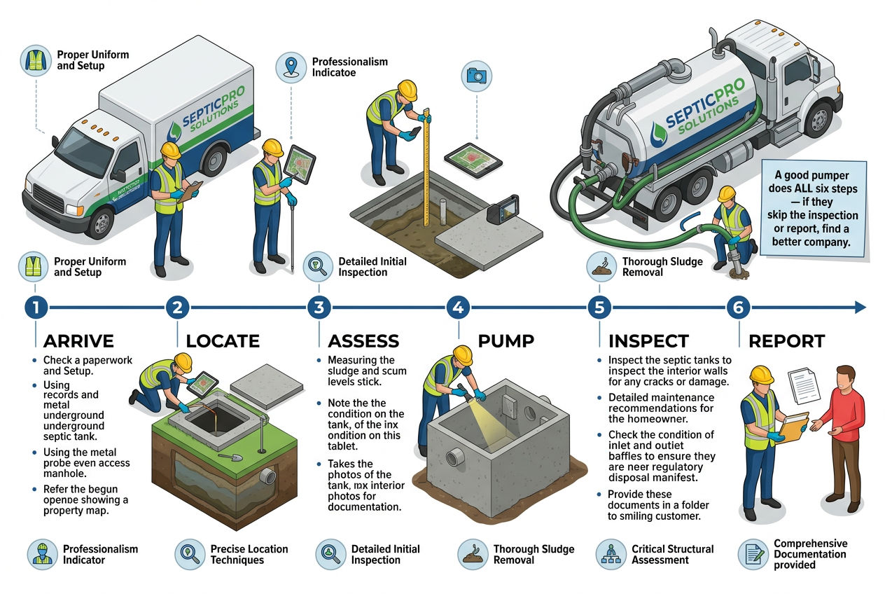 3D six-scene timeline showing what professional septic pumping technicians do from arrival to final report
