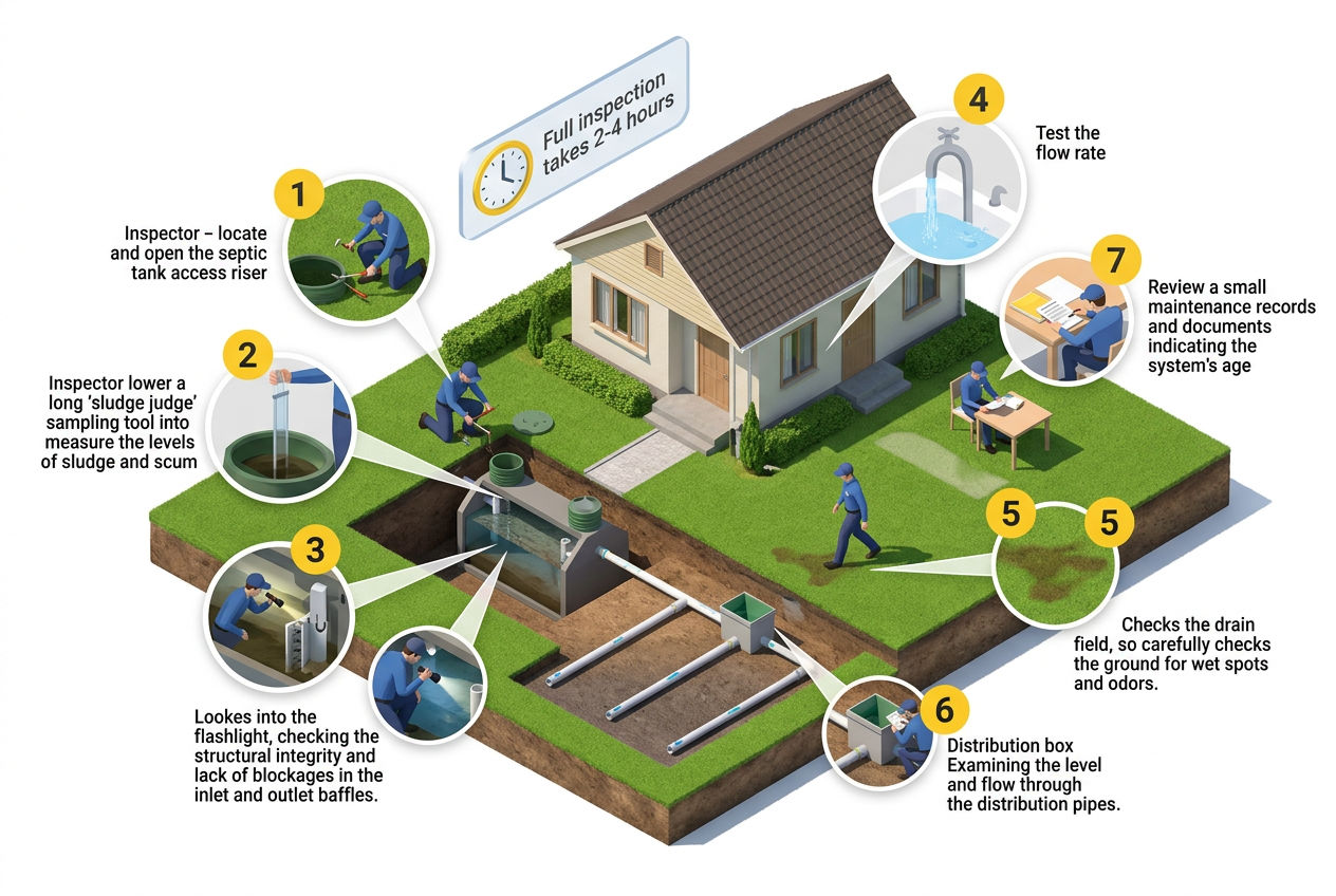 3D property overview showing seven inspection points in a complete septic system inspection