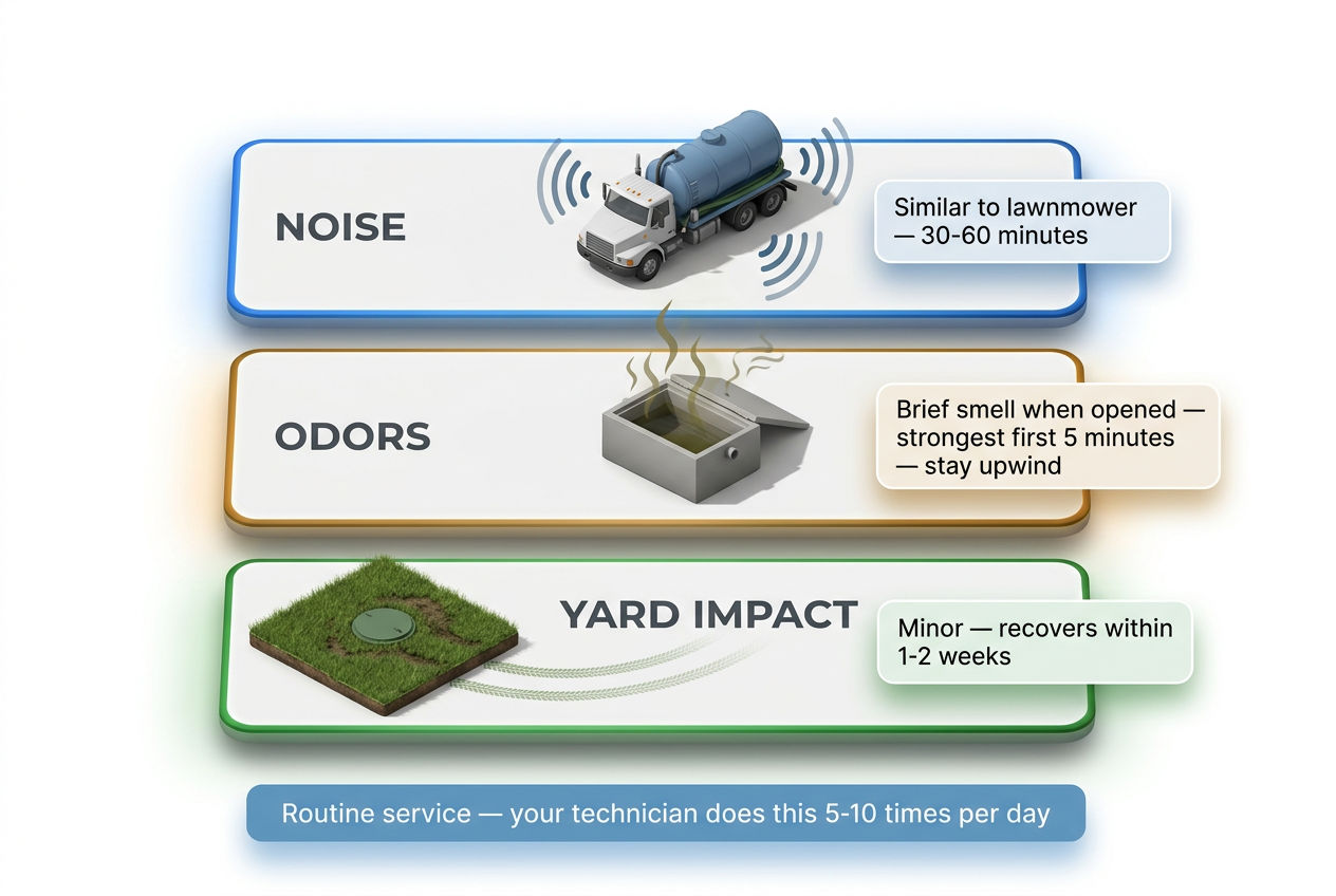 3D isometric three-panel guide explaining noise levels, odor expectations, and yard impact during septic tank pumping service
